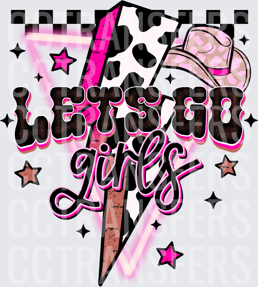 Lets Go Girls Cow Print Lightning Bolt Cowgirl Hat (DTF)