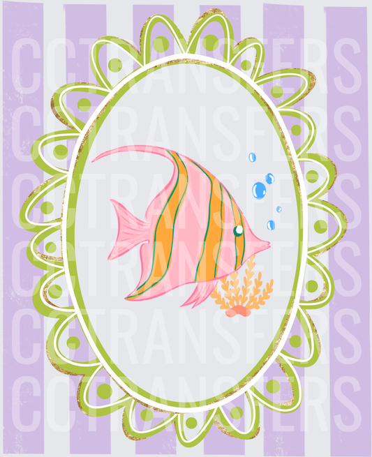 Whimsical Pink Tropical Fish Oval Floral Frame (DTF)