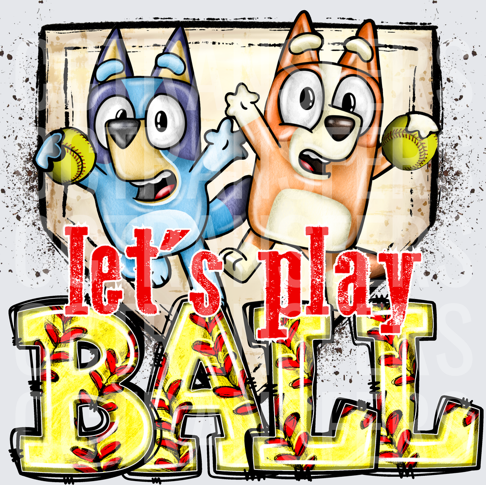 Let's Play Ball Blue & Orange Cartoon Dogs Softball (DTF)