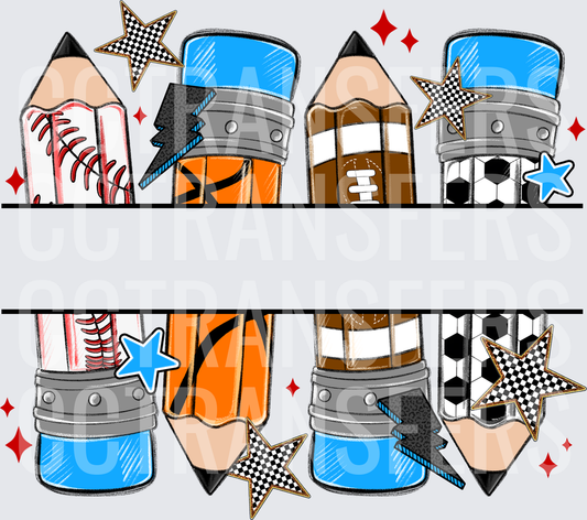 Sports Pencils Split Name Frame Baseball Football Basketball Soccer (DTF)