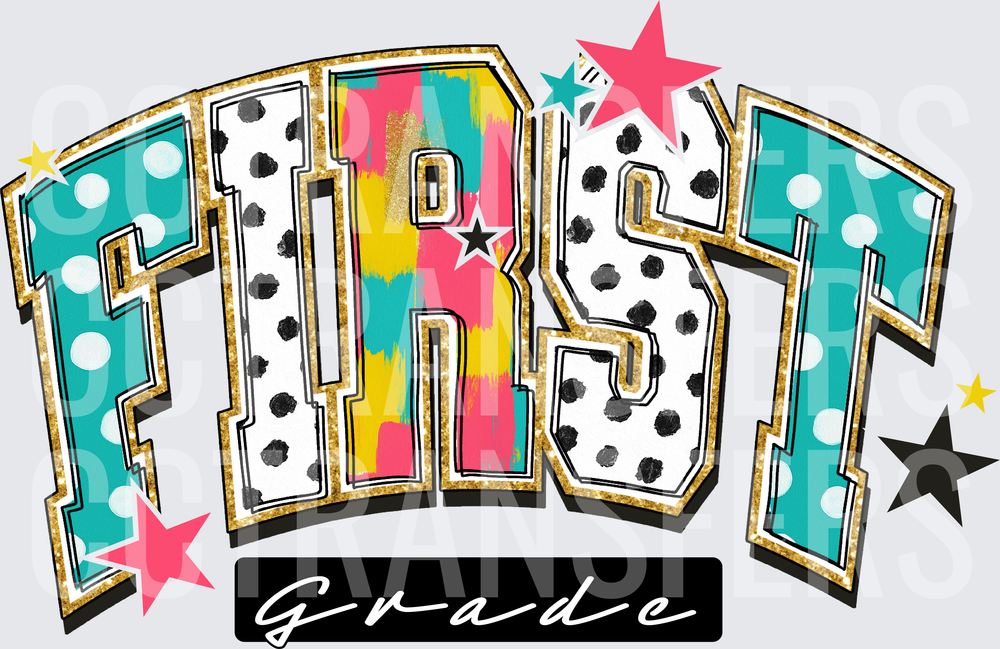 Bold Colorful First Grade Varsity Letters with Stars (DTF)