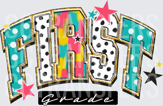 Bold Colorful First Grade Varsity Letters with Stars (DTF)