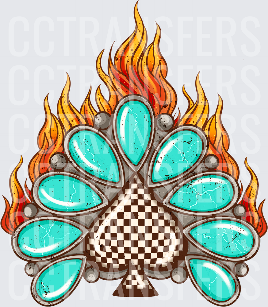 Flaming Turquoise Gem Spade Checkered Boho Concho (DTF)