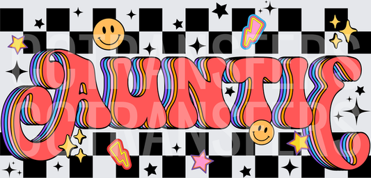 Retro Groovy Auntie Checkered Smiley Star Design (DTF)