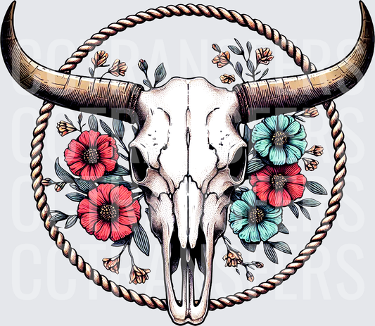 Boho Bull Skull Floral Rope Lasso Western (DTF)