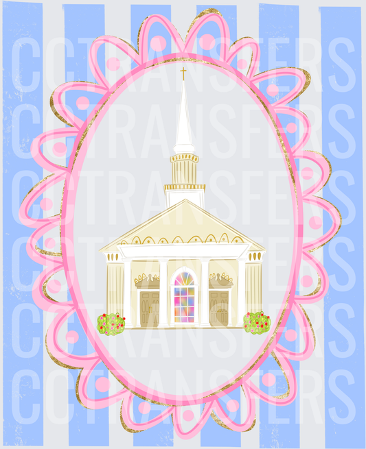 Pastel Church Steeple Cross Pink Scallop Oval Frame (DTF)