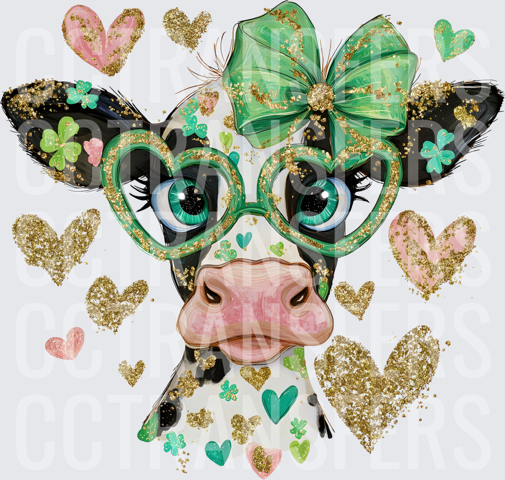 Cute Cow Green Heart Glasses Bow Shamrocks Gold Glitter (DTF)