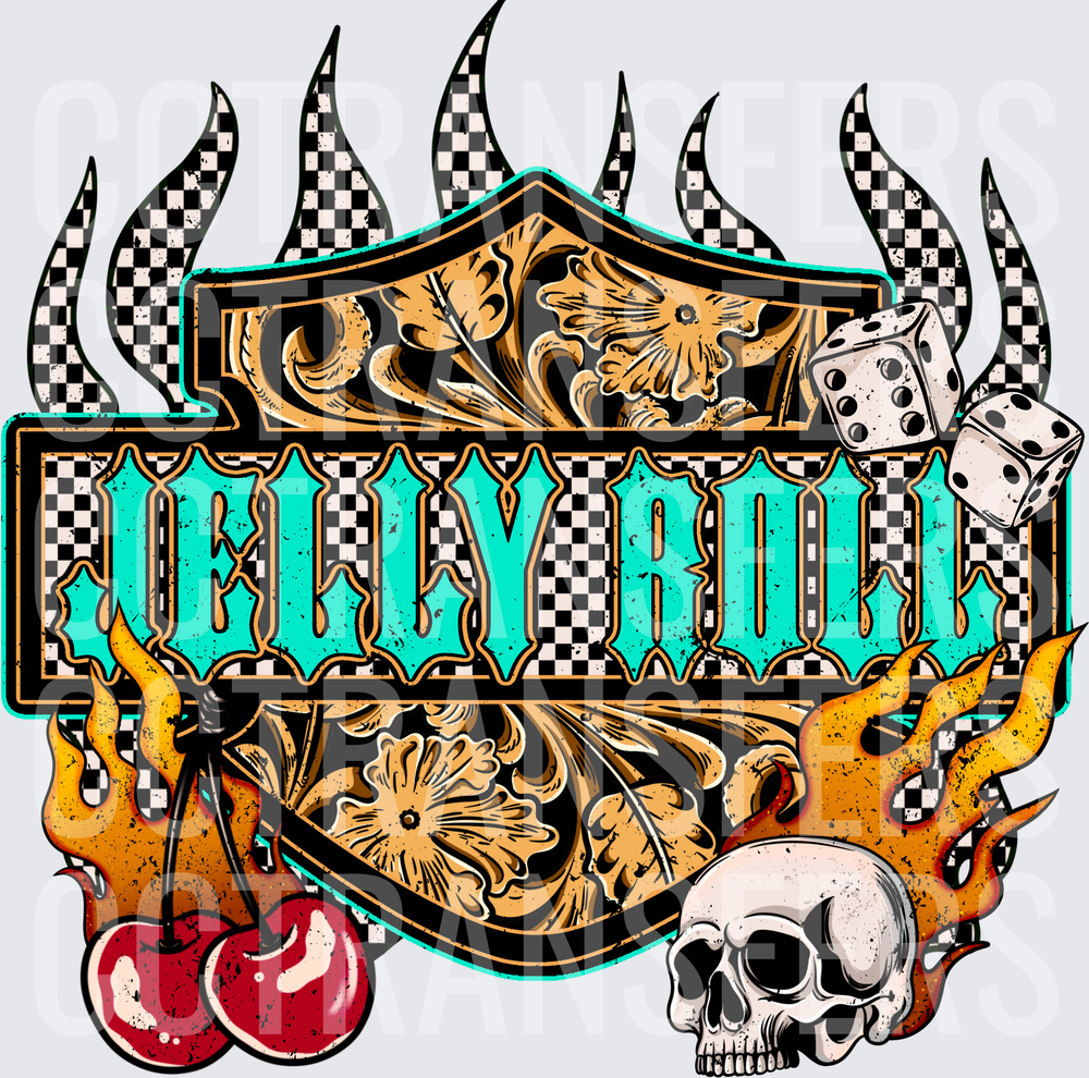 Jelly Roll Checker Flames Skull Cherries Dice Shield (DTF)
