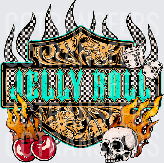 Jelly Roll Checker Flames Skull Cherries Dice Shield (DTF)
