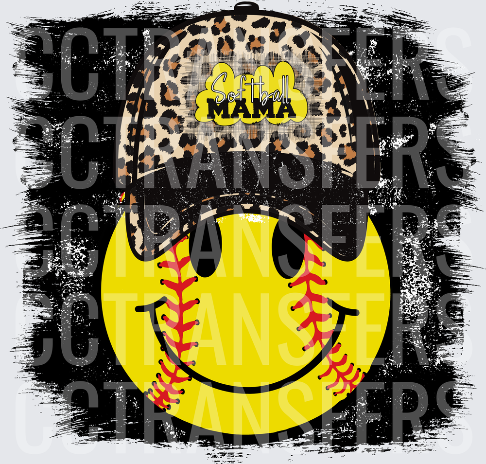 Softball Mama Leopard Hat Smiley Face Bleached (DTF)