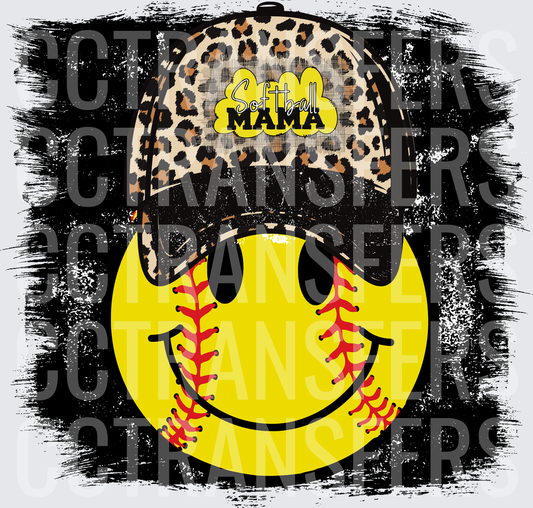 Softball Mama Leopard Hat Smiley Face Bleached (DTF)
