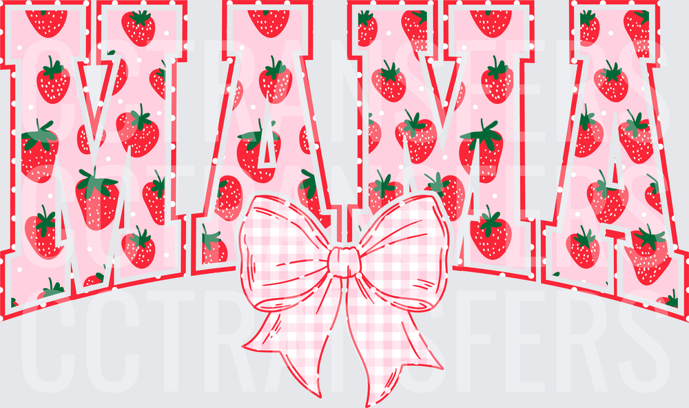 Mama Strawberry Pattern Varsity Letters Pink Gingham Bow (DTF)