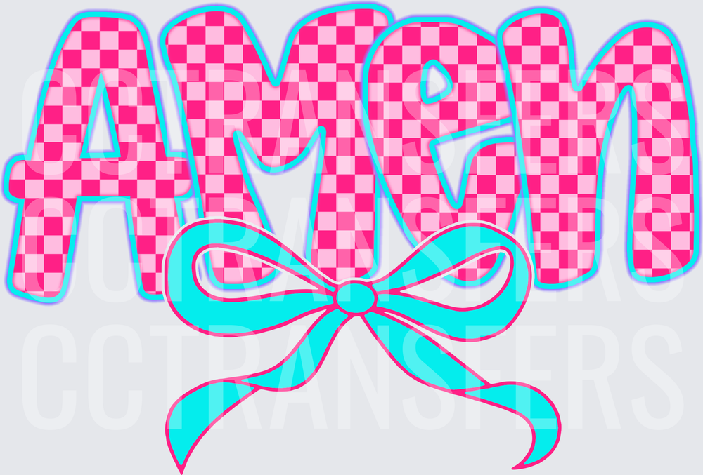 Amen Pink Checkered Lettering Teal Bow (DTF)