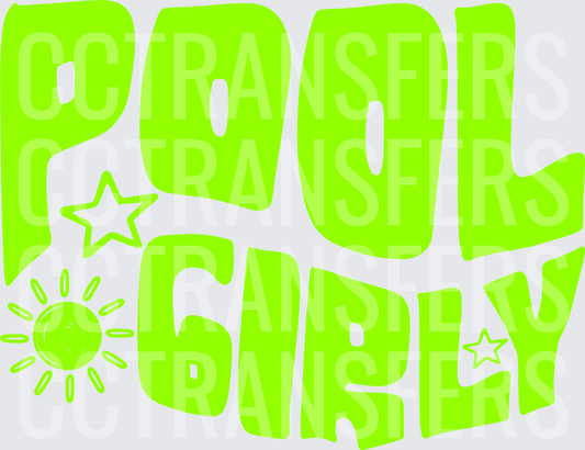 Pool Girly Neon Green Bold Retro Text Stars Sun (DTF)