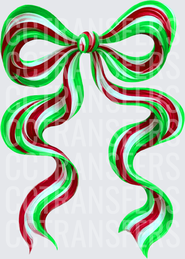 Christmas Holiday Striped Ribbon Bow Red Green White (DTF)