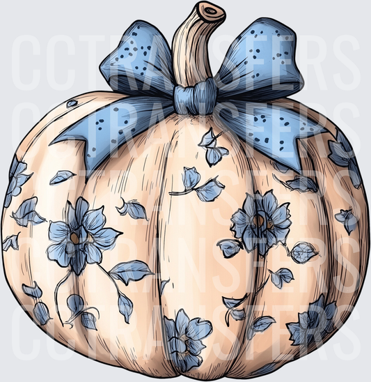Cream Pumpkin Blue Floral Bow Fall Harvest (DTF)