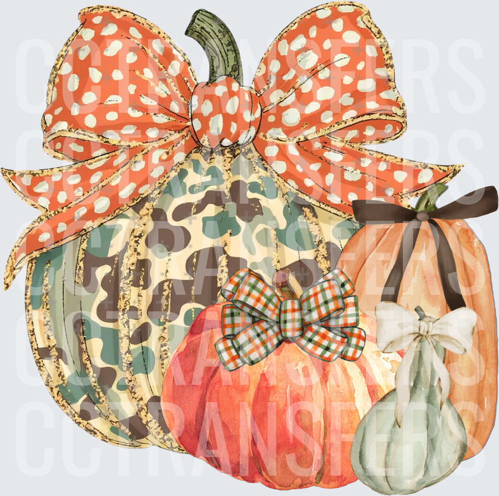 Camo Pumpkin Trio with Polka Dot Bow Fall Harvest (DTF)