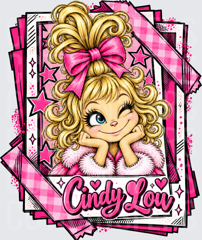 Cindy Lou Glam Girl Pink Bow Curly Hair (DTF)