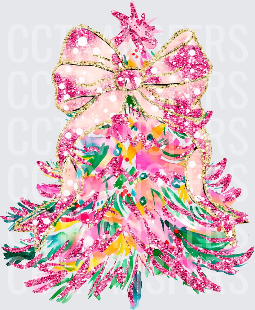 Glitter Pink Watercolor Christmas Tree with Bow (DTF)