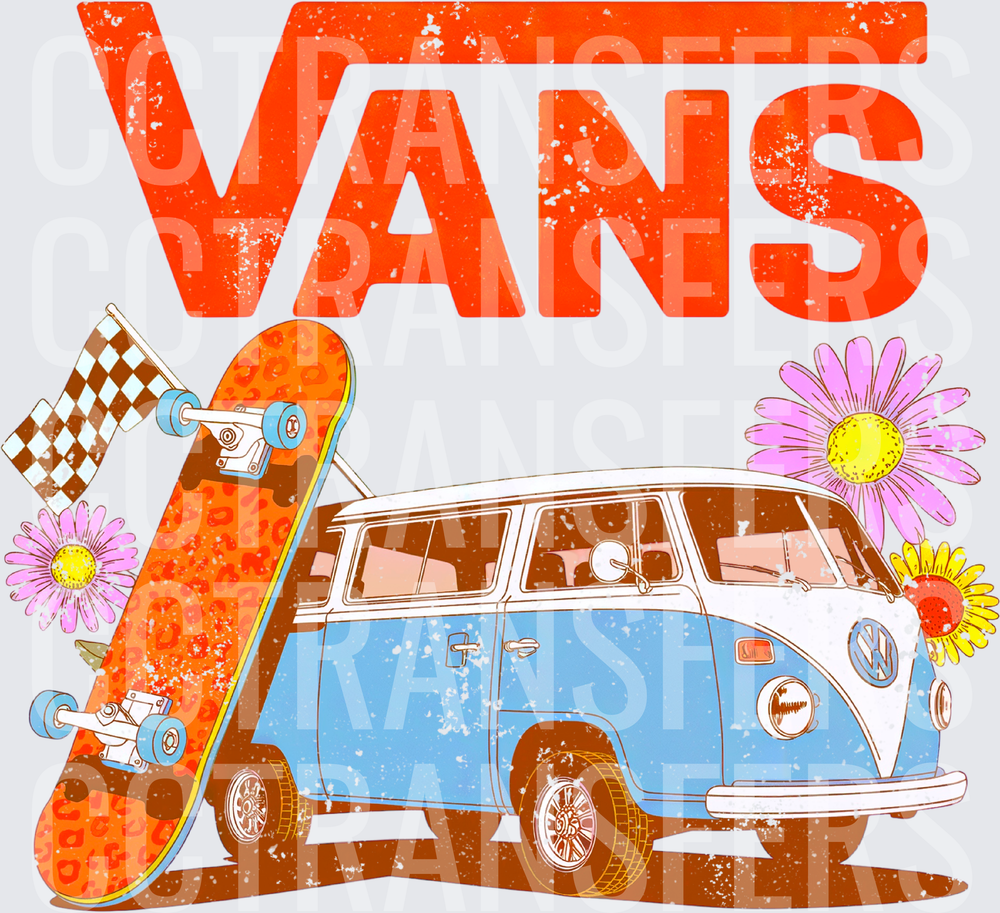 Retro Van Skateboard Leopard Print Floral Distressed (DTF)