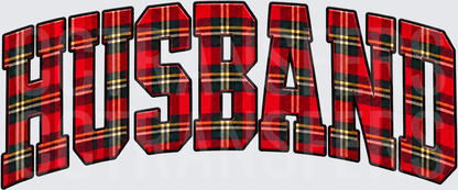 Red Plaid Arched Varsity HUSBAND Lettering (DTF)