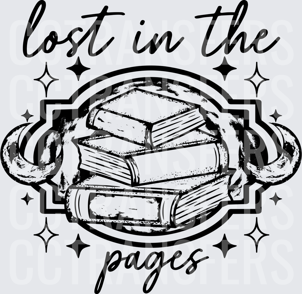 Lost In The Pages Stacked Books Sparkle Badge (DTF)
