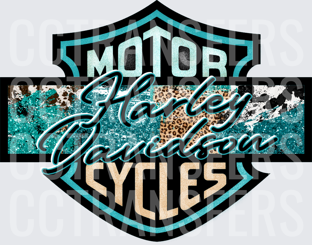Motor Harley Davidson Cycles Teal Leopard Cowhide Shield (DTF)