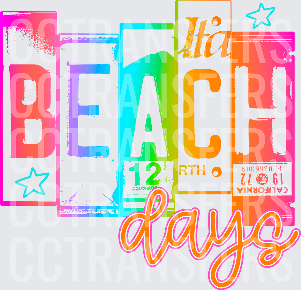 Colorful Beach Days Retro License Plate Typography (DTF)