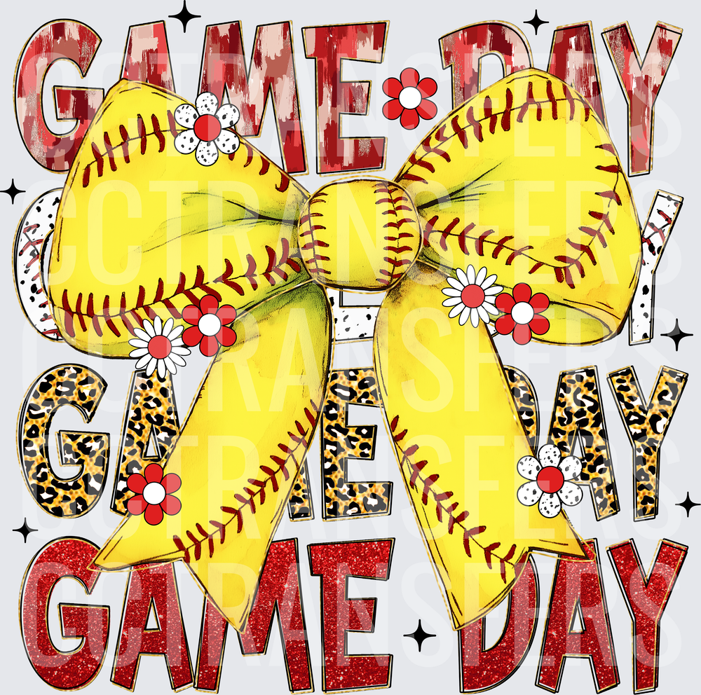 Game Day Softball Bow Floral Leopard Glitter Stacked (DTF)