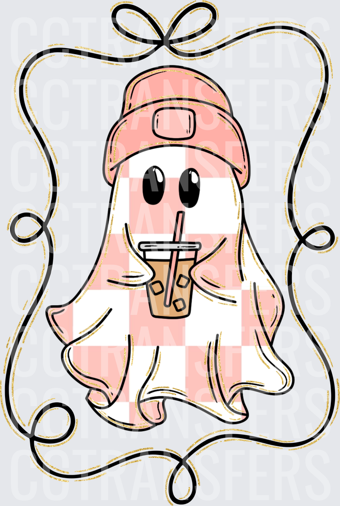 Cute Ghost Pink Bucket Hat Iced Coffee Ribbon Frame (DTF)