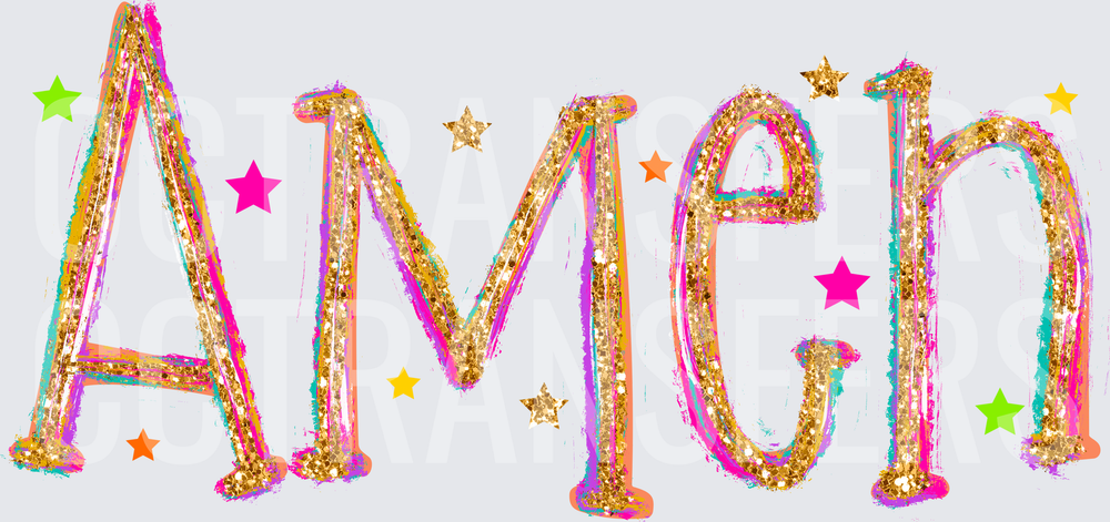 Amen Gold Glitter Stars Colorful Word Design (DTF)