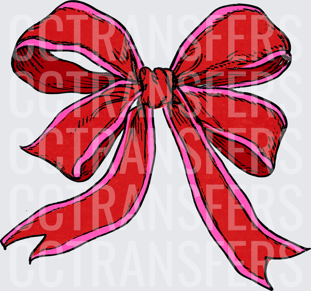 Red and Pink Hand-Drawn Ribbon Bow (DTF)