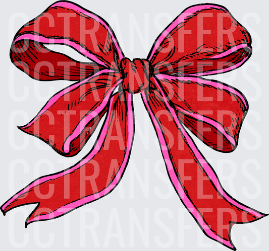 Red and Pink Hand-Drawn Ribbon Bow (DTF)