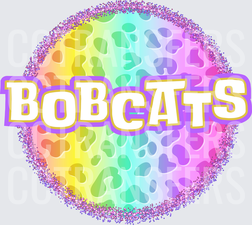 Rainbow Leopard Glitter Circle Bobcats Bold Text (DTF)
