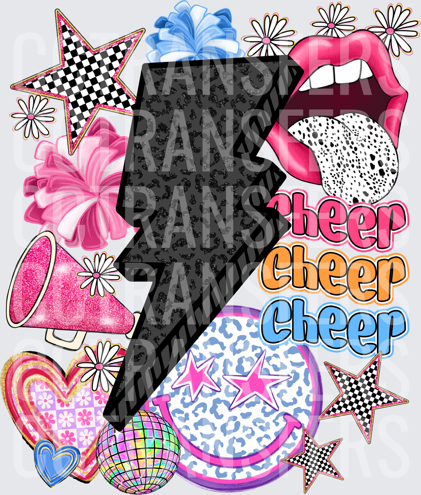 Cheer Leopard Lightning Bolt Pom Pom Collage (DTF)