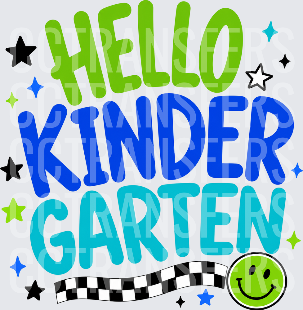Hello Kindergarten Smiley Face Stars Checkered Design (DTF)