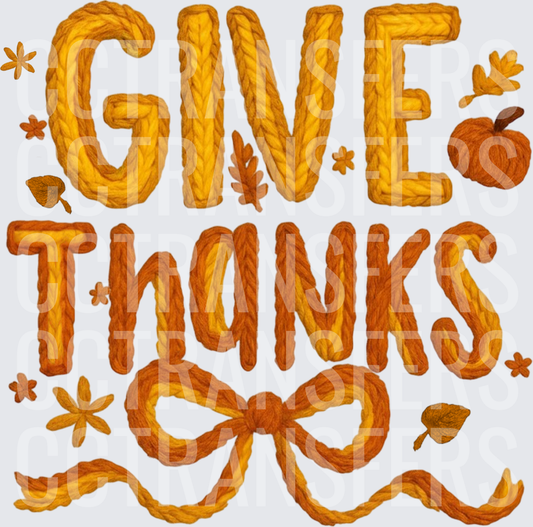 Give Thanks Yarn Knit Lettering Pumpkin Fall Bow (DTF)
