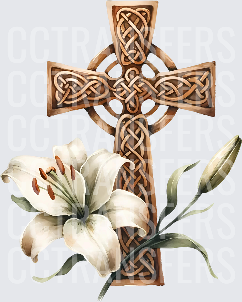 Carved Celtic Cross with White Easter Lily Bloom (DTF)