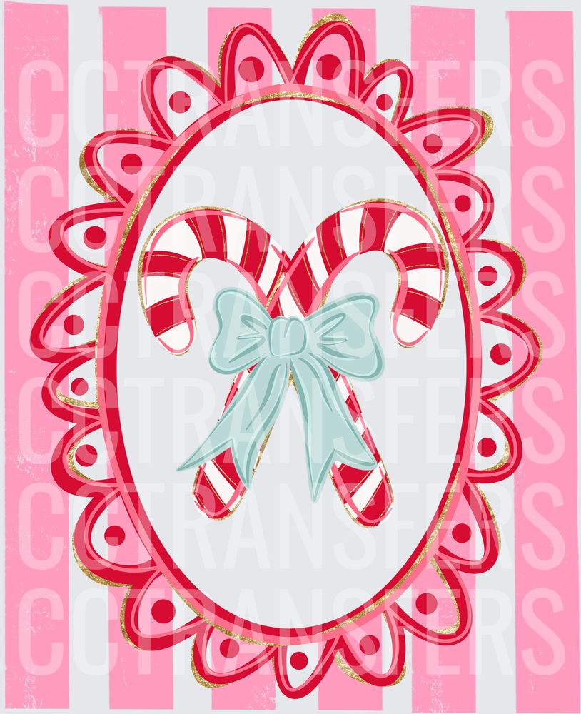 Coquette Candy Canes with Blue Bow Pink Stripe Oval Frame (DTF)