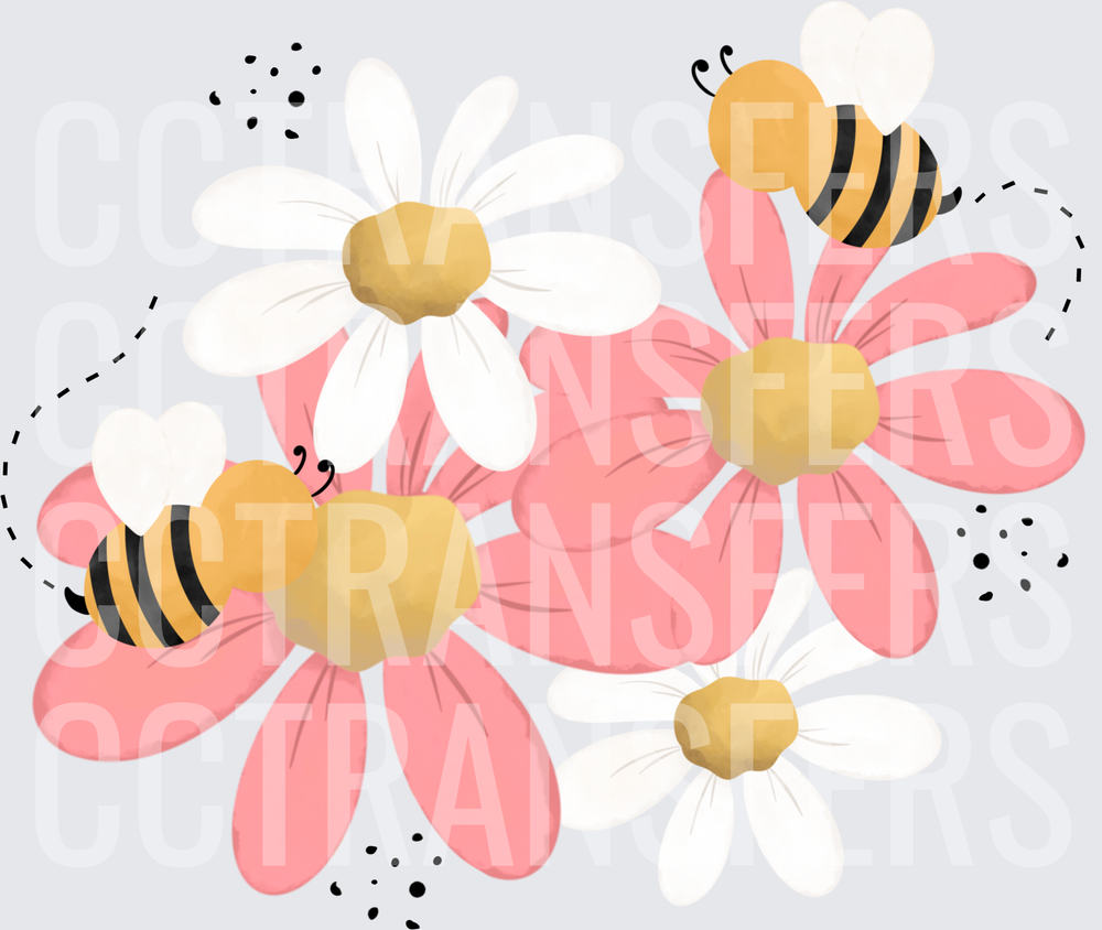 Cute Bees on Pink and White Daisy Flowers (DTF)