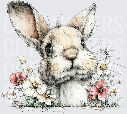 Watercolor Bunny with Pink and White Wildflowers (DTF)