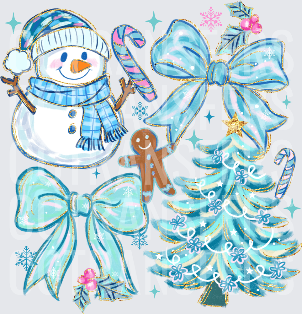 Teal Blue Christmas Collage Snowman Bows Gingerbread (DTF)