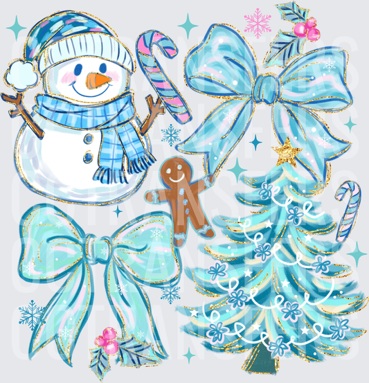 Teal Blue Christmas Collage Snowman Bows Gingerbread (DTF)