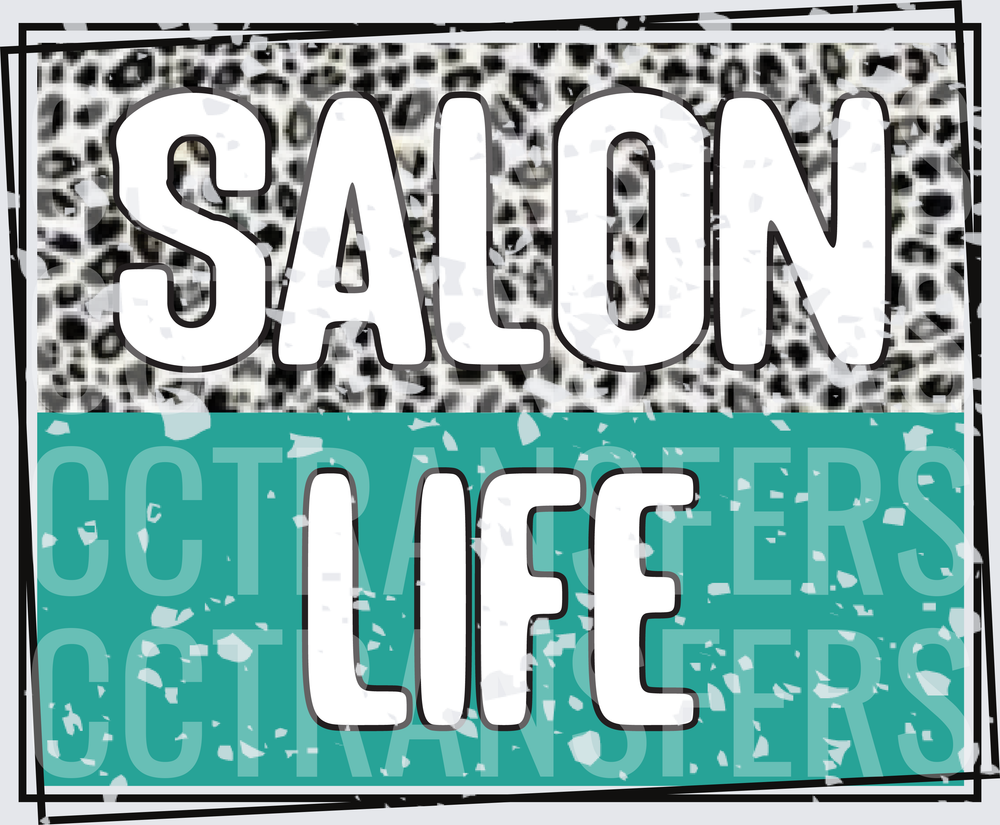 Salon Life Leopard Print Teal Grunge Bold Text (DTF)