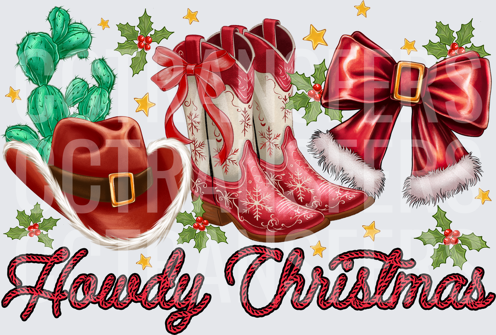 Howdy Christmas Western Cowboy Boots Santa Hat Holly (DTF)