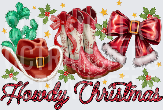 Howdy Christmas Western Cowboy Boots Santa Hat Holly (DTF)