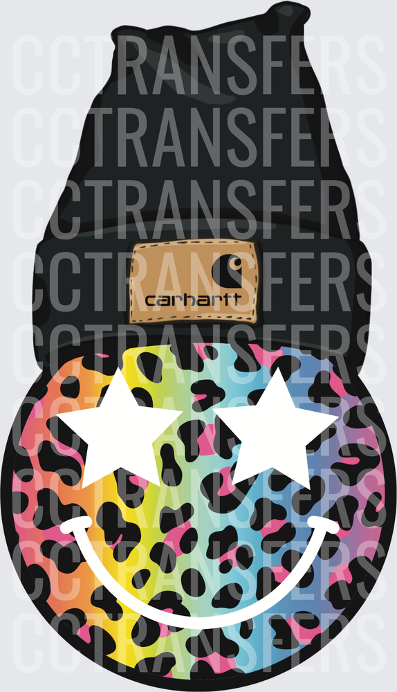 Rainbow Leopard Smiley Star Eyes Black Beanie (DTF)