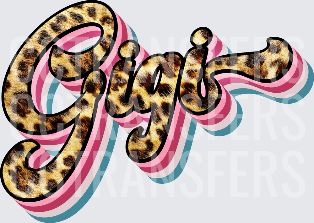 Gigi Leopard Print Retro Script Pink Blue Stripe (DTF)