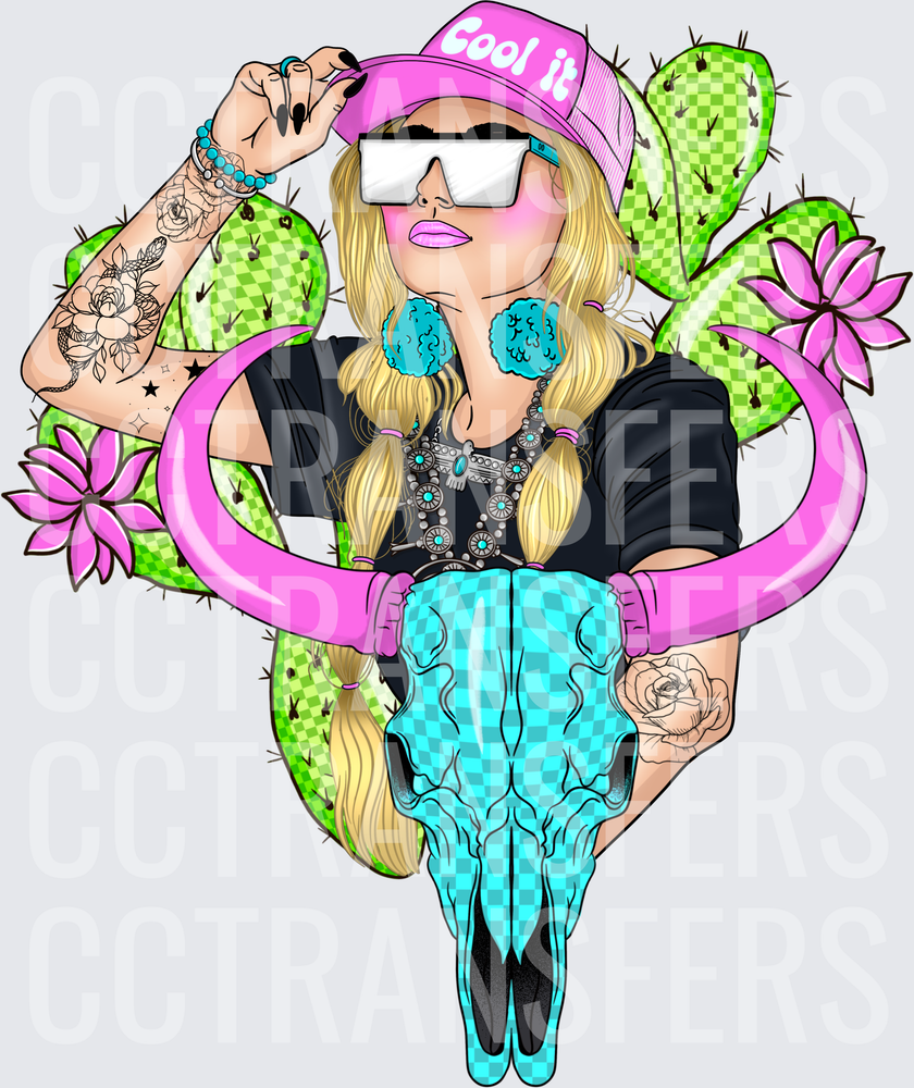 Cool It Tattooed Blonde Boho Babe Turquoise Bull Skull Cactus (DTF)