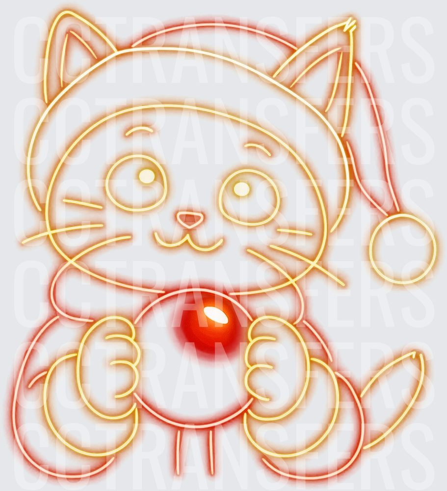 Neon Glowing Christmas Cat Holding Red Ornament Santa Hat (DTF)